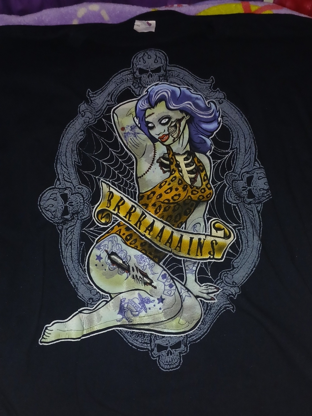 Fruit of the Loom Black Tee with Purple-Haired Zombie Pin-Up and Yellow Banner